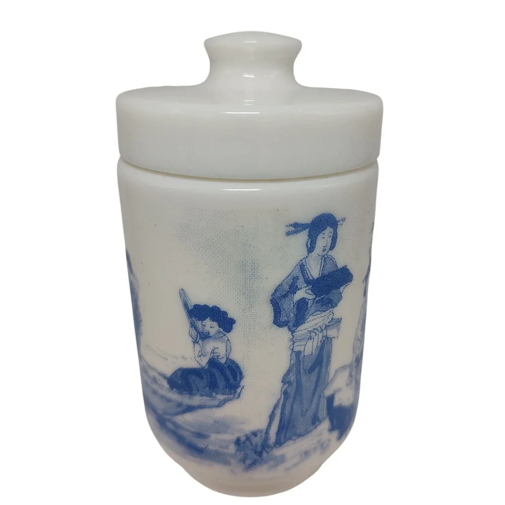 Vintage Belgium Milk Glass Japan Blue White Village Men‎ Women Boats with Lid